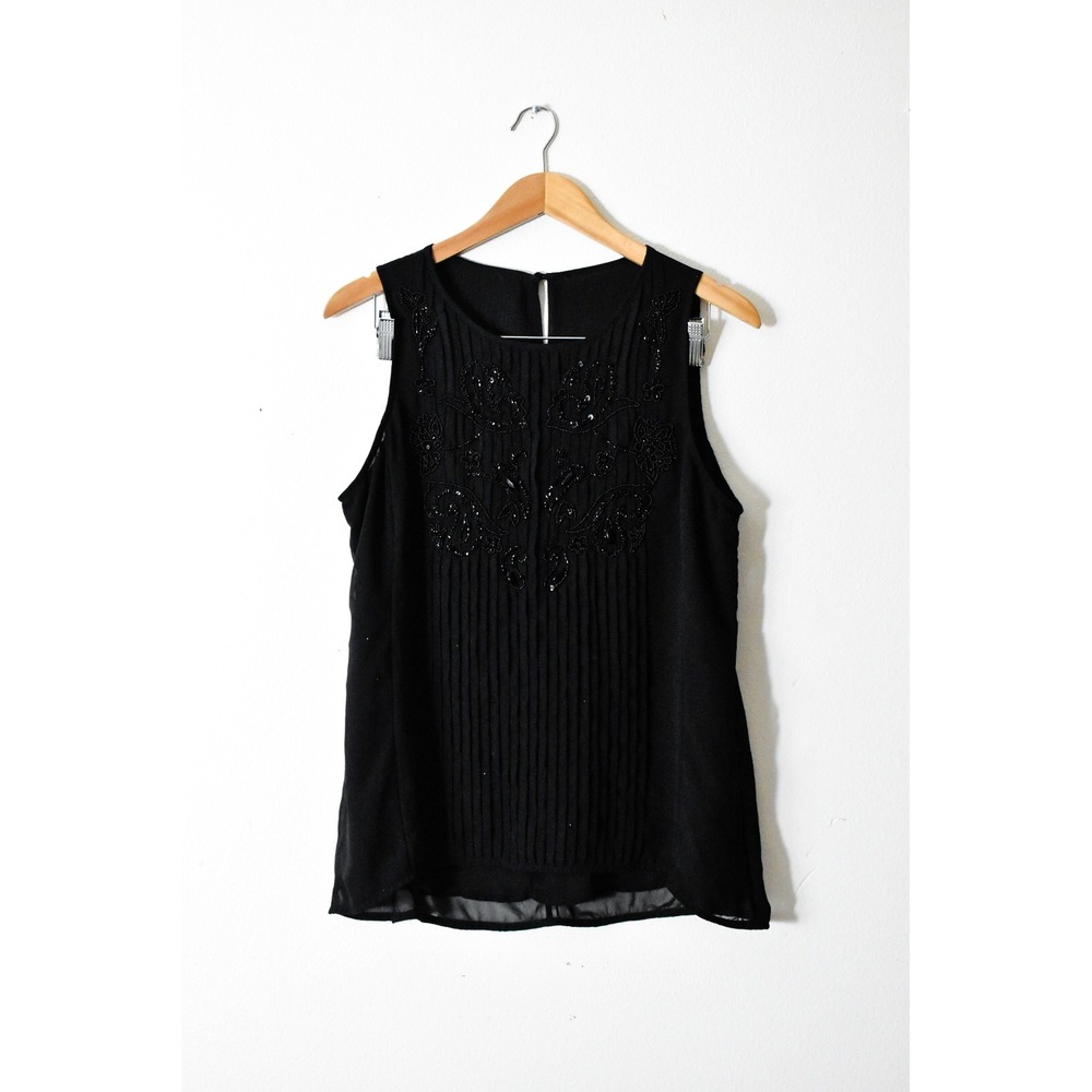 Unbranded‎ Blouse Women XL Black Modern Beaded Pintuck Chiffon Sleeveless Top